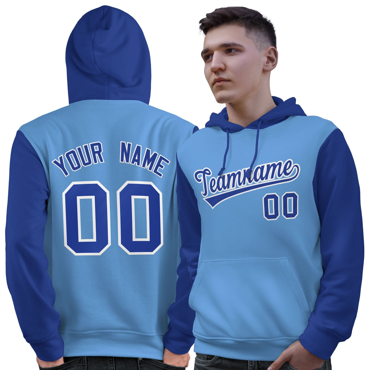 Custom Light Blue Royal-White Raglan Sleeves Pullover Personalized Sweatshirt Hoodie| KXKSHOP