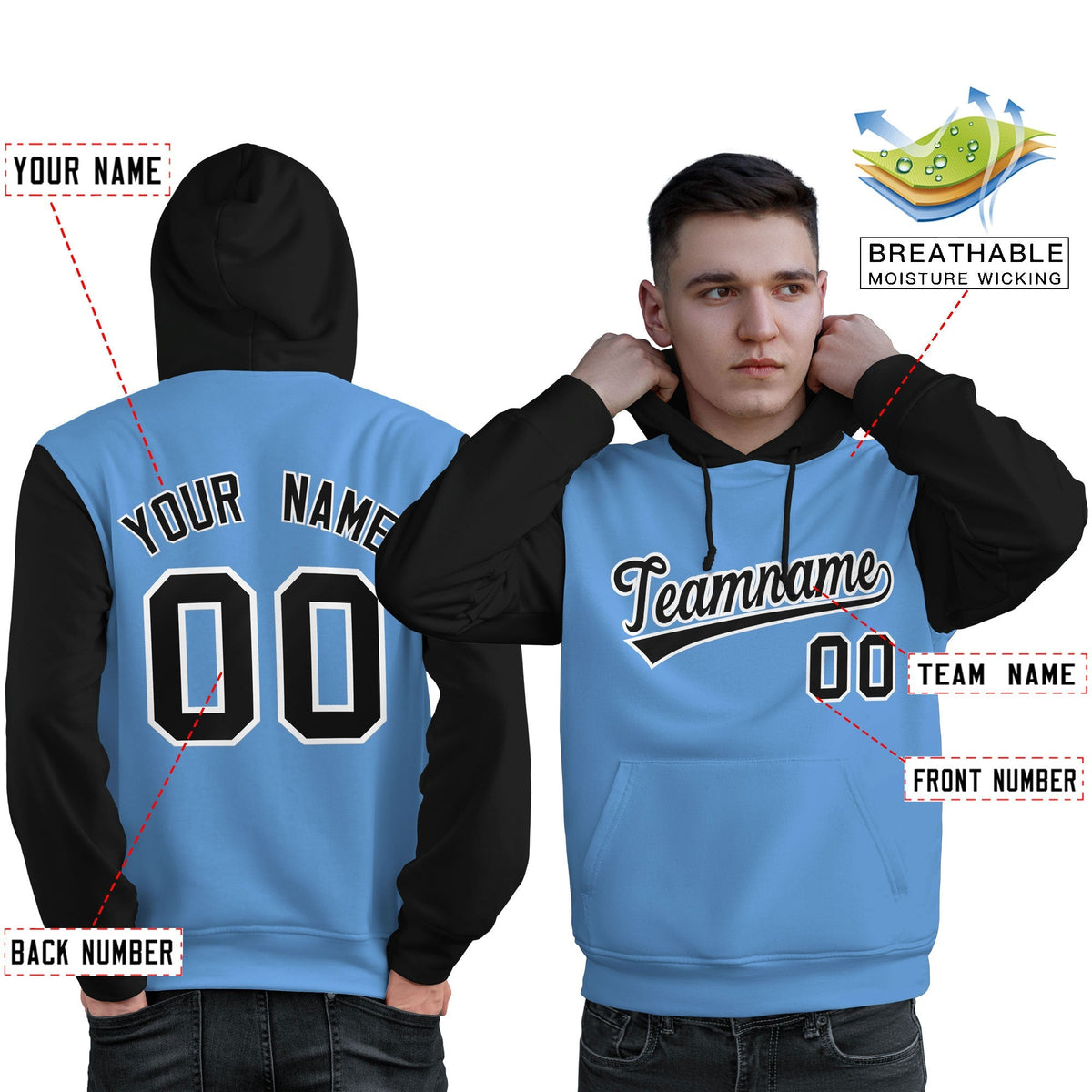 Custom Light Blue Black-White Raglan Sleeves Pullover Personalized Sweatshirt Hoodie| KXKSHOP