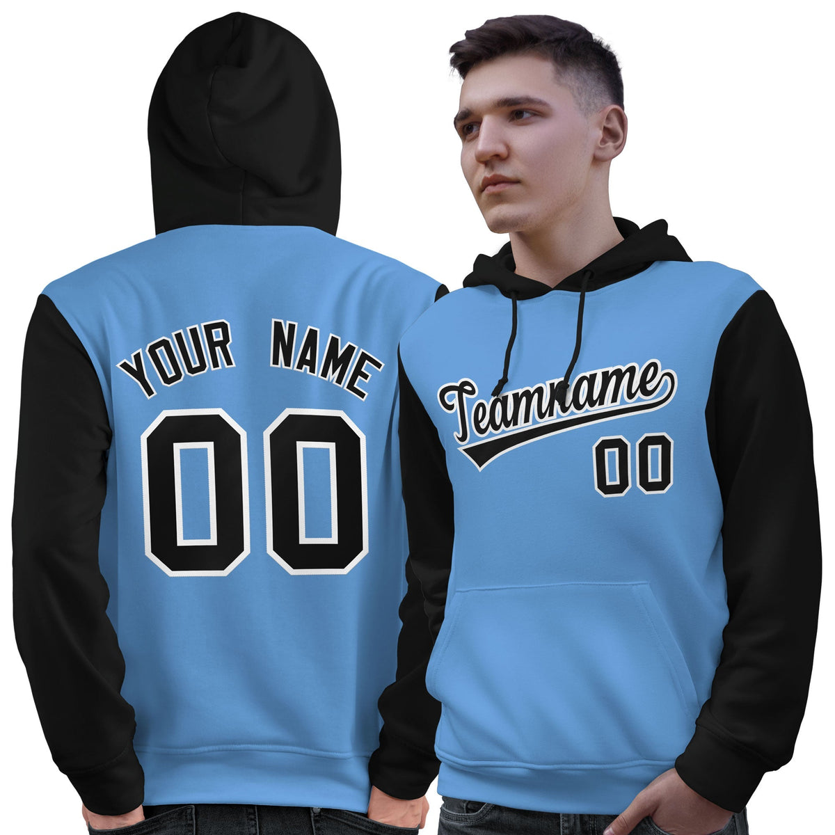 Custom Light Blue Black-White Raglan Sleeves Pullover Personalized Sweatshirt Hoodie| KXKSHOP