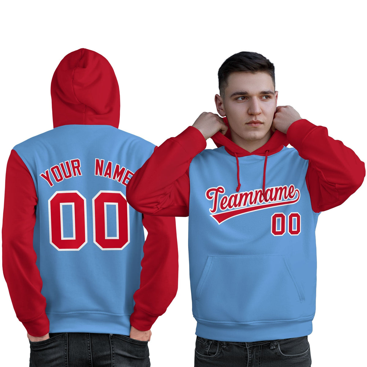 Custom Light Blue Red-White Raglan Sleeves Pullover Personalized Sweatshirt Hoodie| KXKSHOP