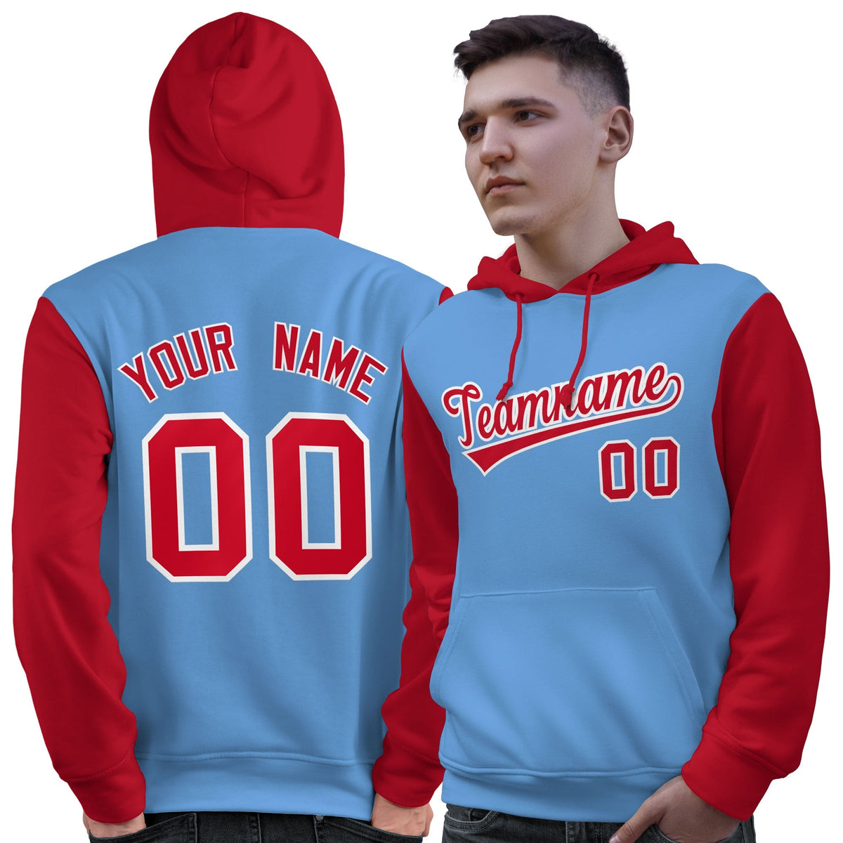Custom Light Blue Red-White Raglan Sleeves Pullover Personalized Sweatshirt Hoodie| KXKSHOP