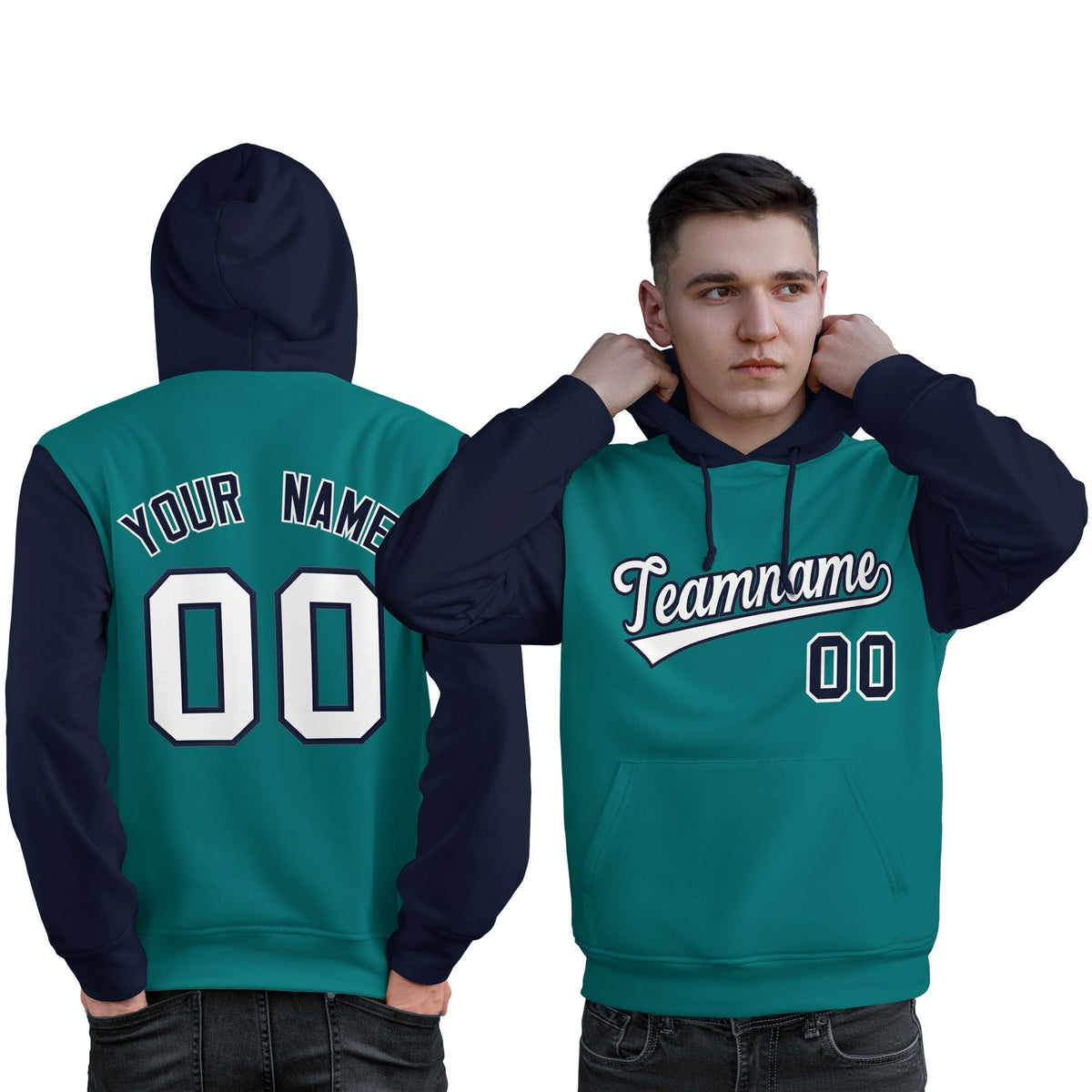 Custom Aqua White-Navy Raglan Sleeves Pullover Personalized Sweatshirt Hoodie| KXKSHOP