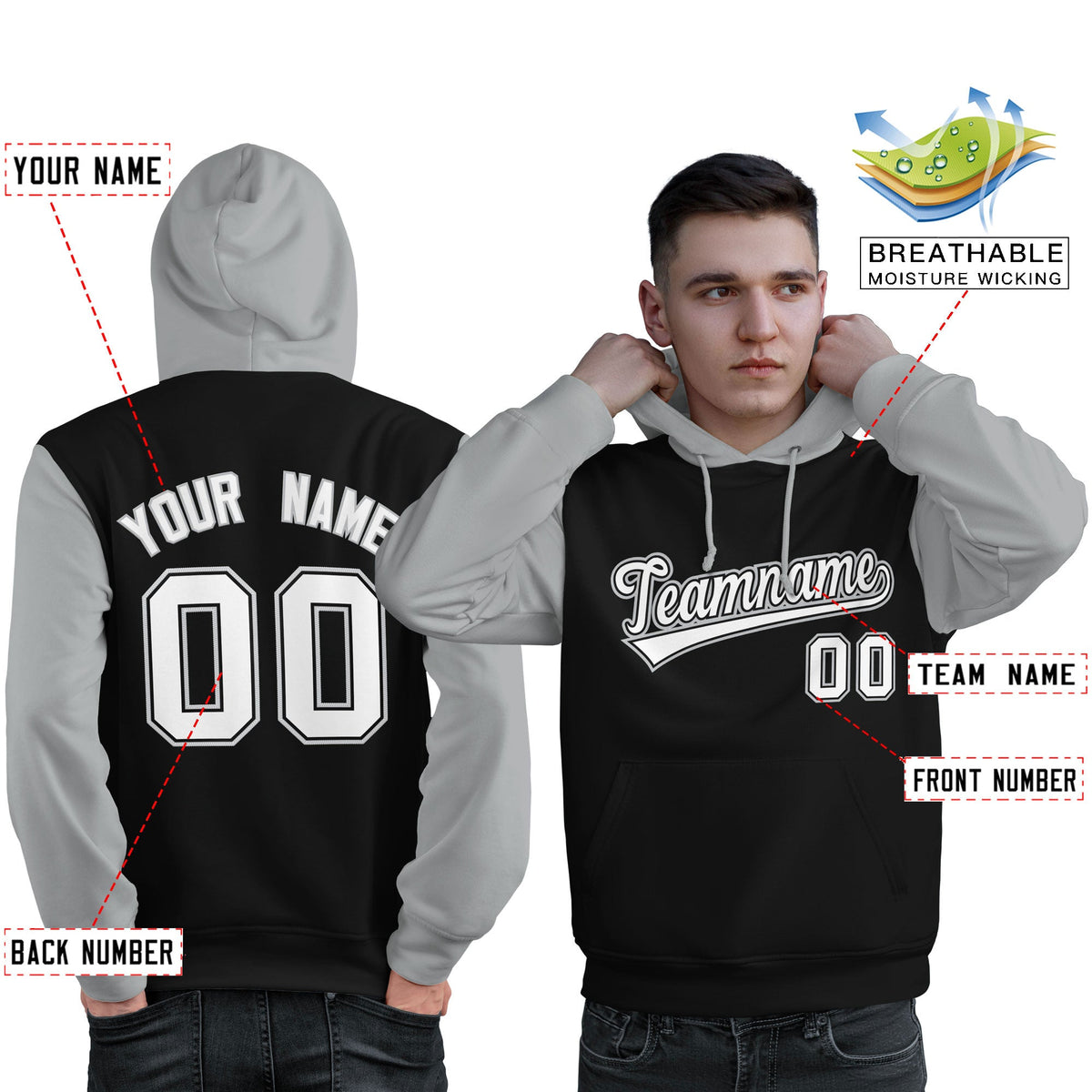 Custom Black White-Gray Raglan Sleeves Pullover Personalized Sweatshirt Hoodie| KXKSHOP