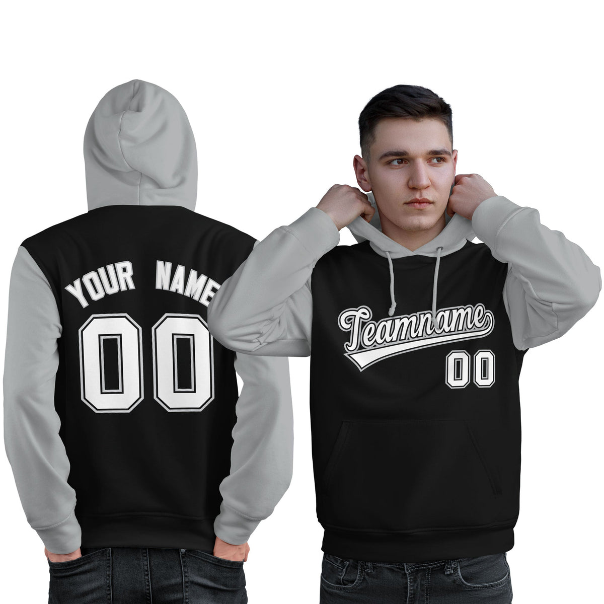 Custom Black White-Gray Raglan Sleeves Pullover Personalized Sweatshirt Hoodie| KXKSHOP