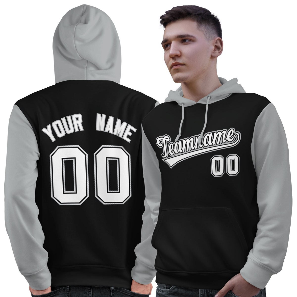 Custom Black White-Gray Raglan Sleeves Pullover Personalized Sweatshirt Hoodie| KXKSHOP