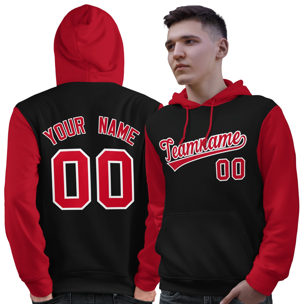 Custom Black Red-White Raglan Sleeves Pullover Personalized Sweatshirt Hoodie| KXKSHOP
