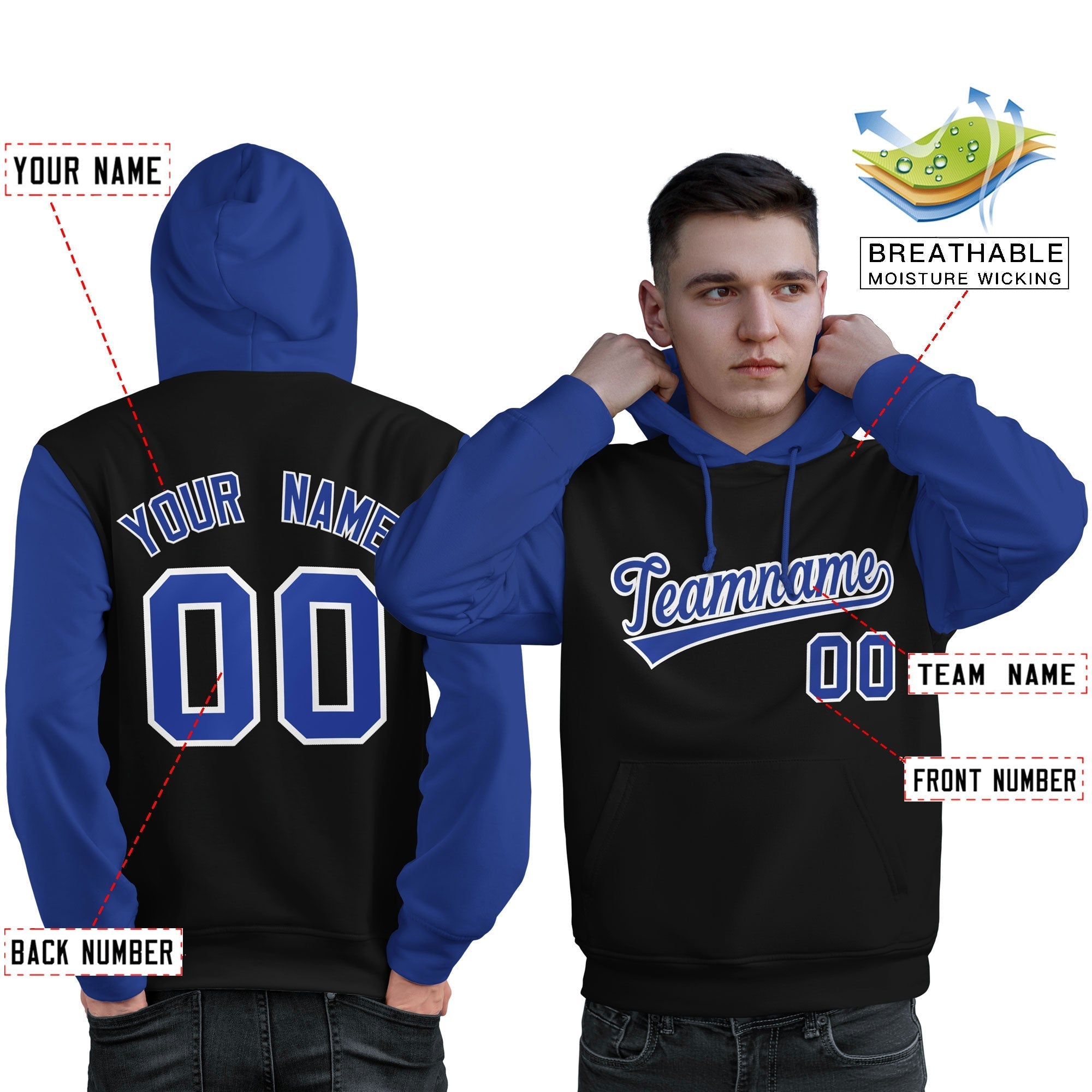 Custom Black Royal-White Raglan Sleeves Pullover Personalized Sweatshirt Hoodie| KXKSHOP