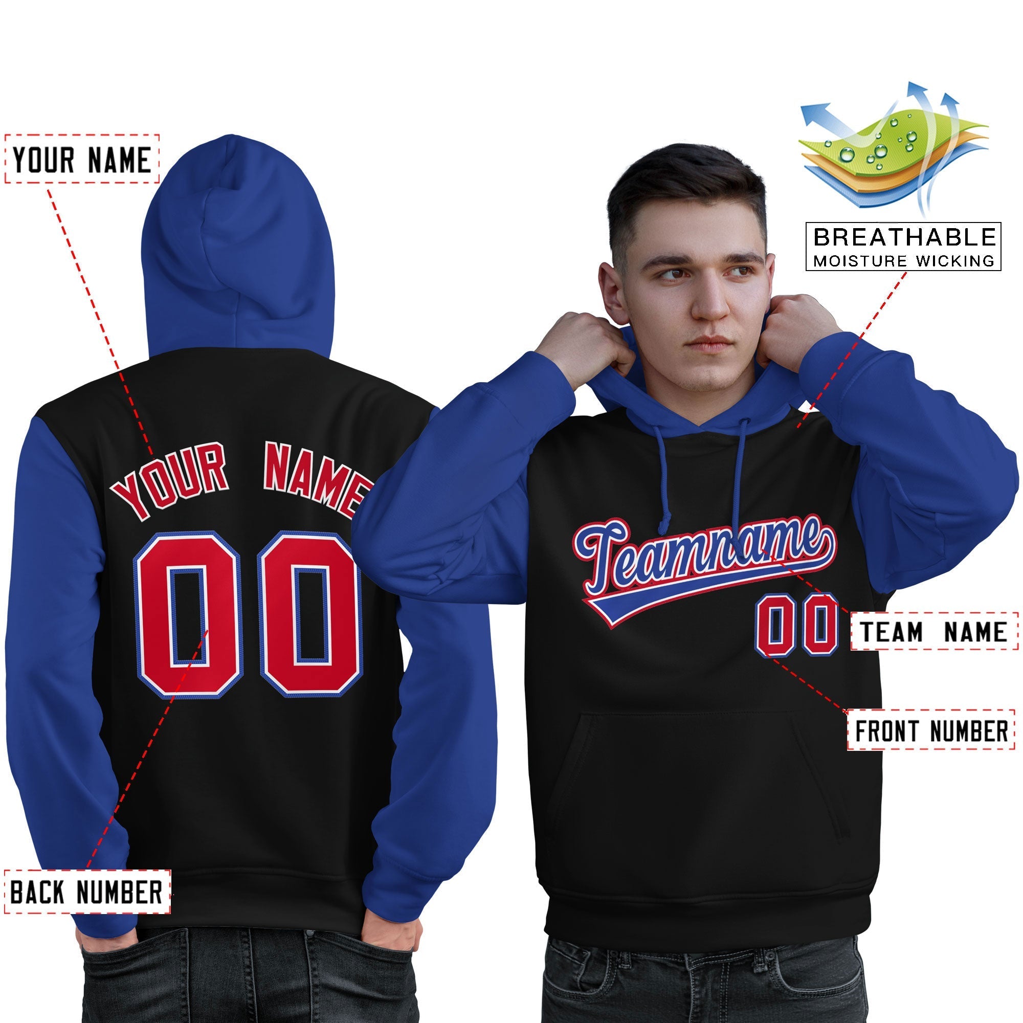 Custom Black Royal-Red Raglan Sleeves Pullover Personalized Sweatshirt Hoodie| KXKSHOP