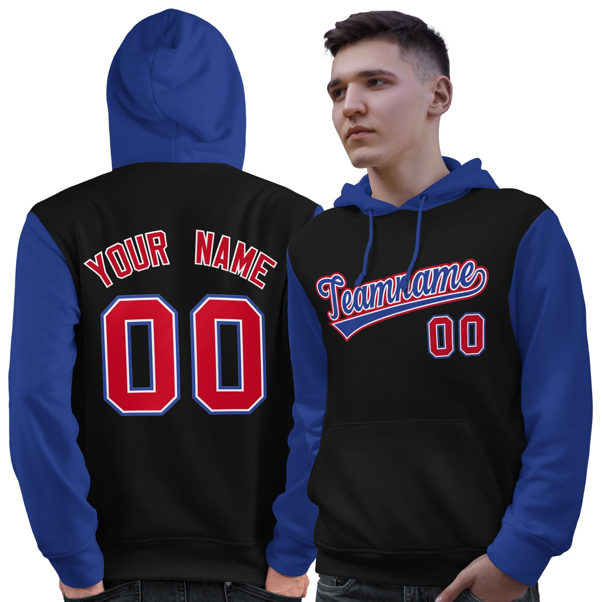 Custom Black Royal-Red Raglan Sleeves Pullover Personalized Sweatshirt Hoodie| KXKSHOP