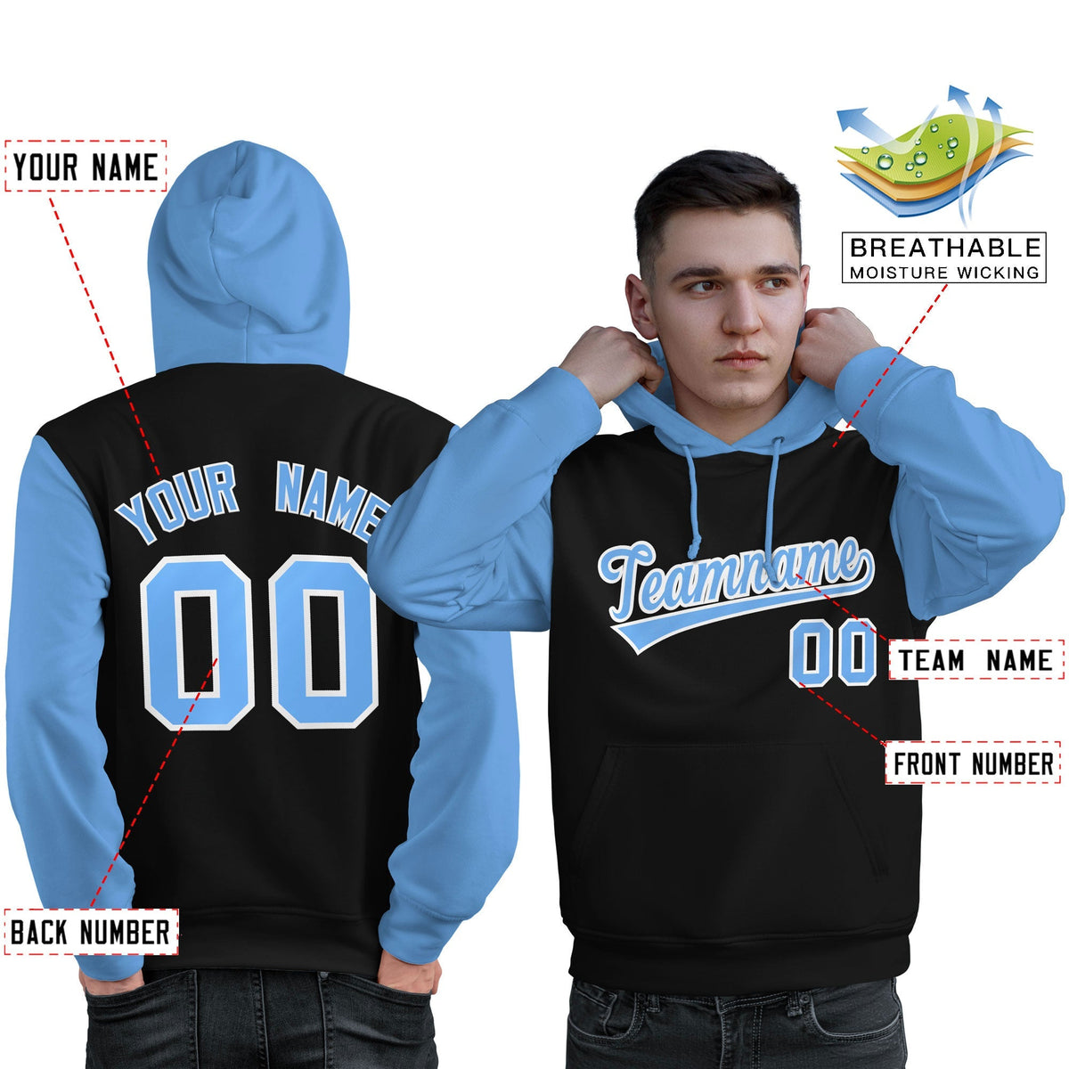 Custom Black Light Blue-White Raglan Sleeves Pullover Personalized Sweatshirt Hoodie| KXKSHOP