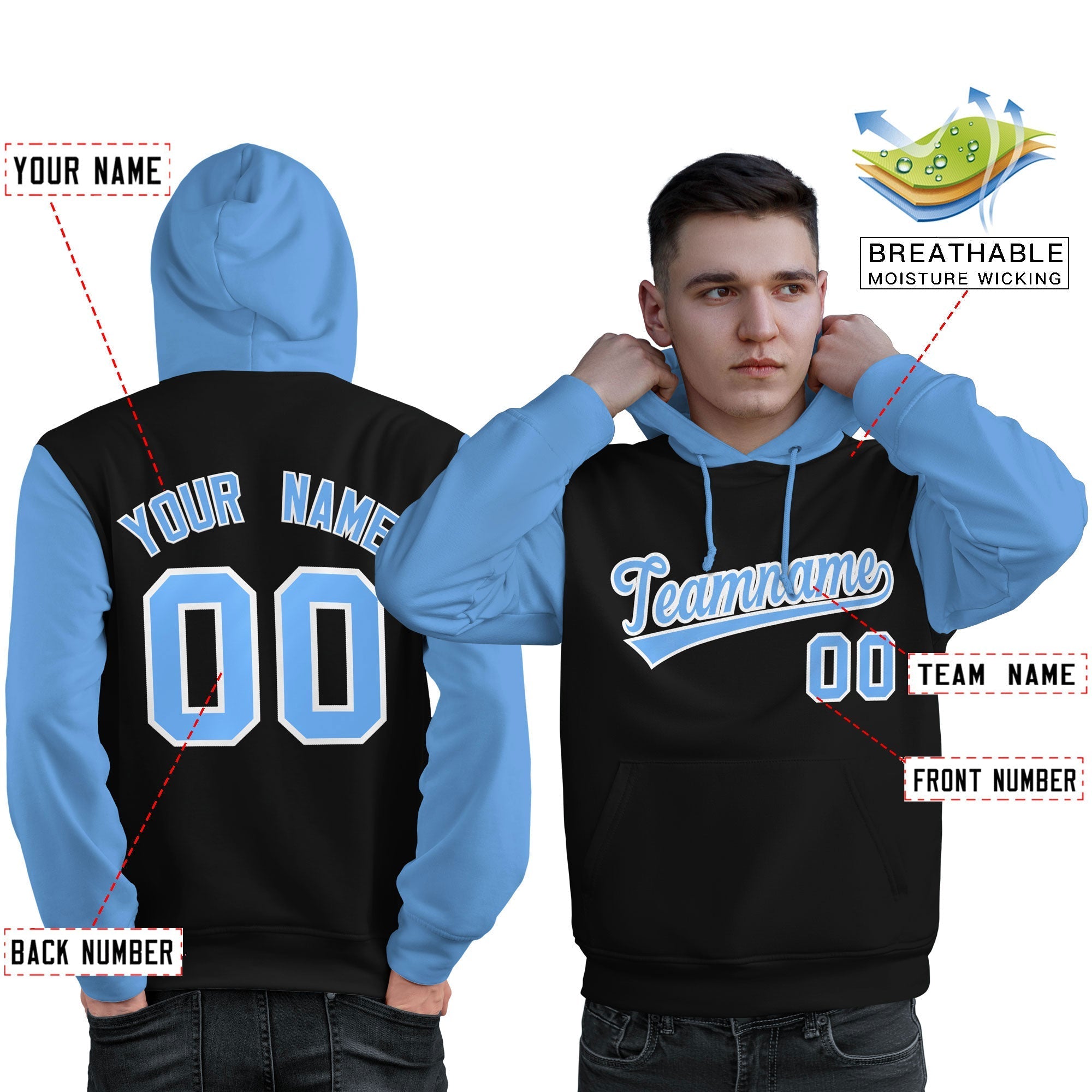 Custom Black Light Blue-White Raglan Sleeves Pullover Personalized Sweatshirt Hoodie| KXKSHOP