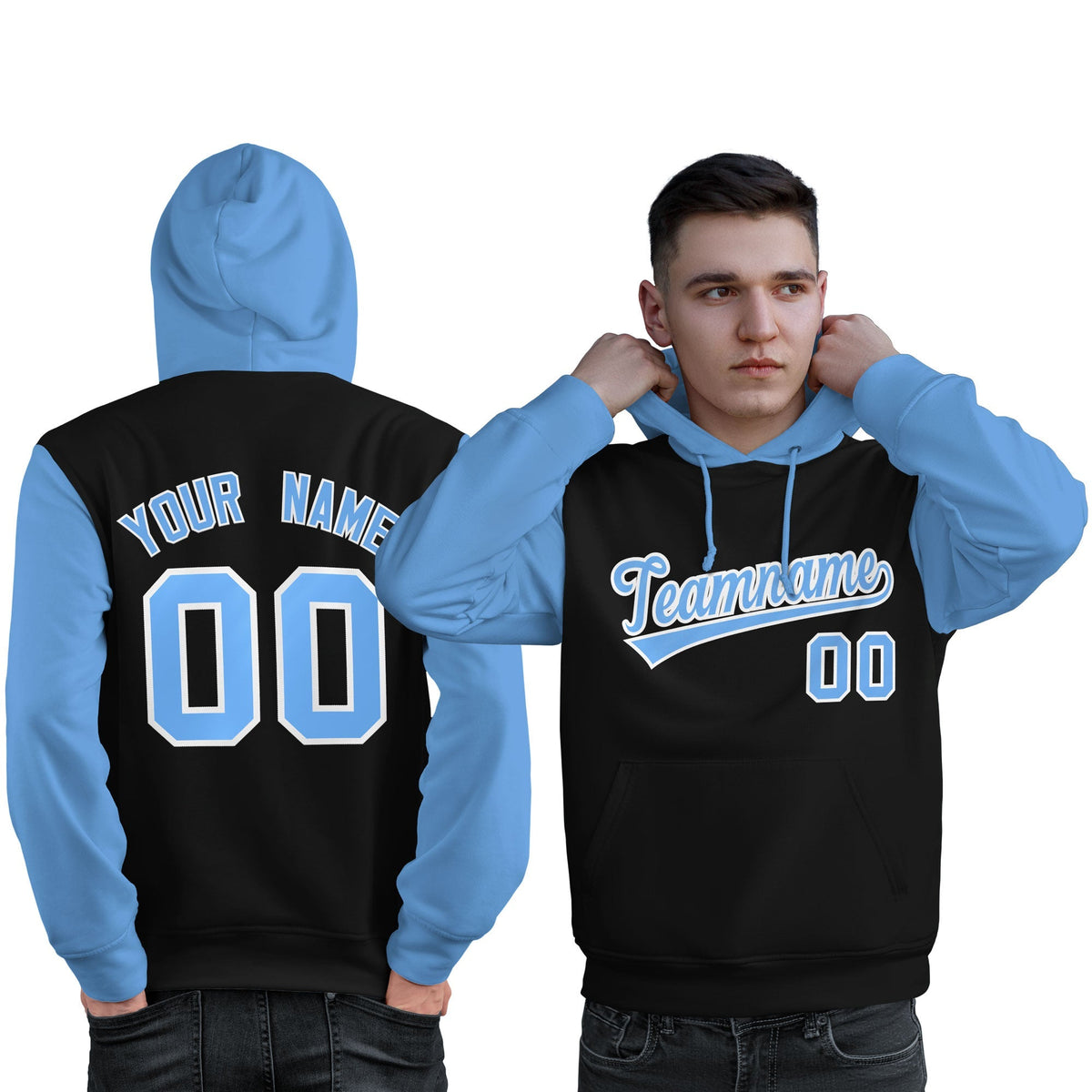 Custom Black Light Blue-White Raglan Sleeves Pullover Personalized Sweatshirt Hoodie| KXKSHOP