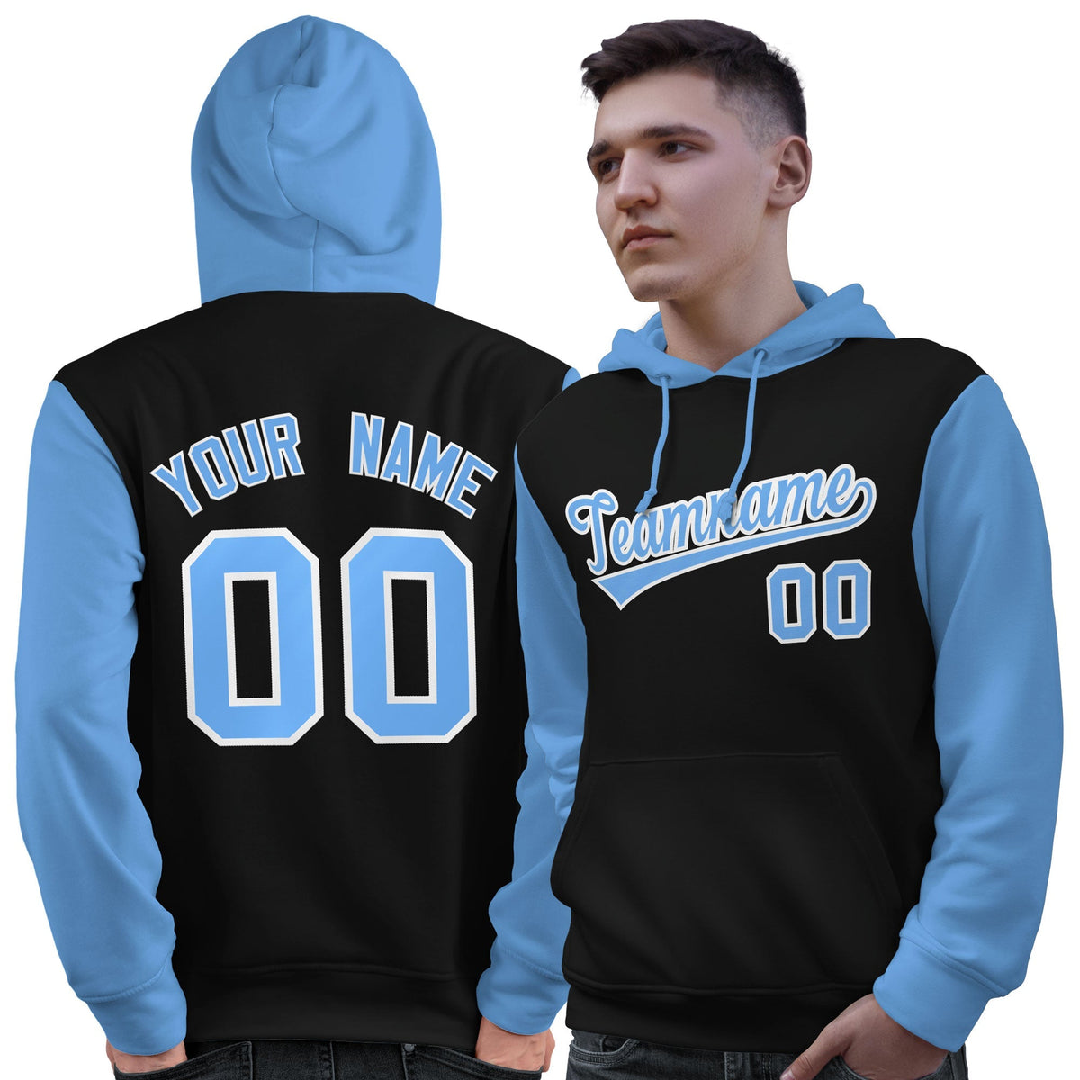 Custom Black Light Blue-White Raglan Sleeves Pullover Personalized Sweatshirt Hoodie| KXKSHOP