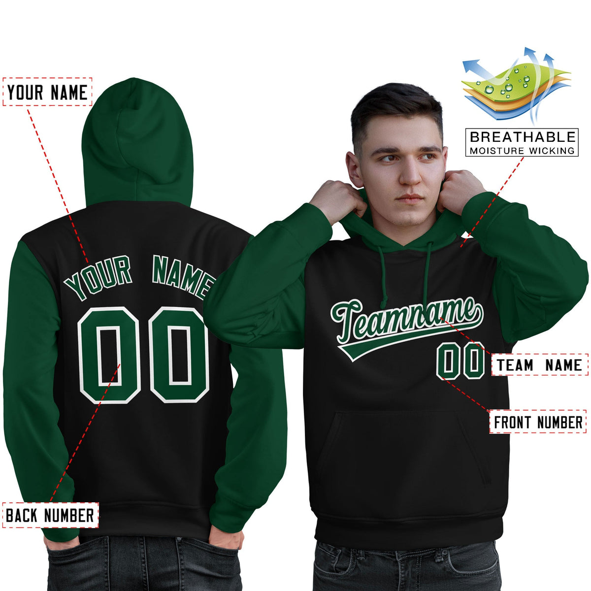 Custom Black Green-White Raglan Sleeves Pullover Personalized Sweatshirt Hoodie| KXKSHOP