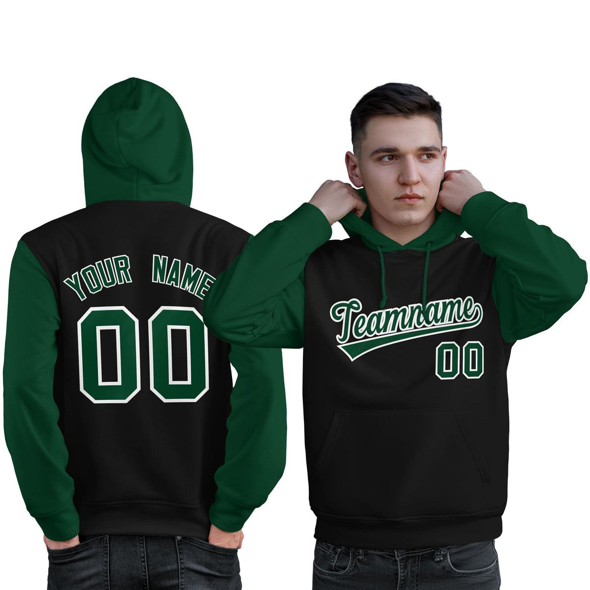 Custom Black Green-White Raglan Sleeves Pullover Personalized Sweatshirt Hoodie| KXKSHOP