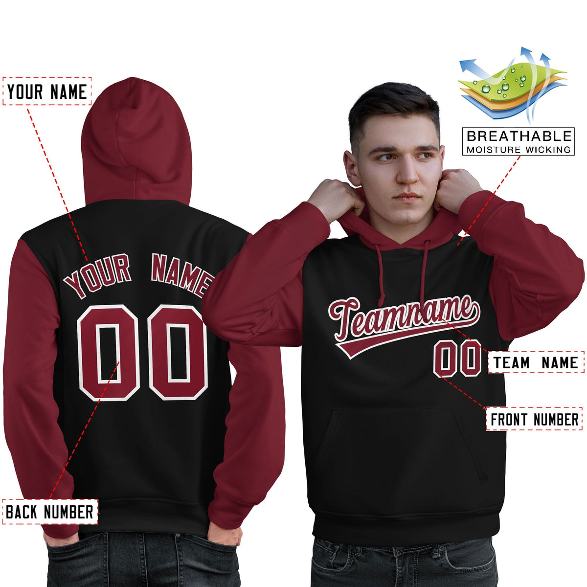 Custom Black Crimson-White Raglan Sleeves Pullover Personalized Sweatshirt Hoodie| KXKSHOP