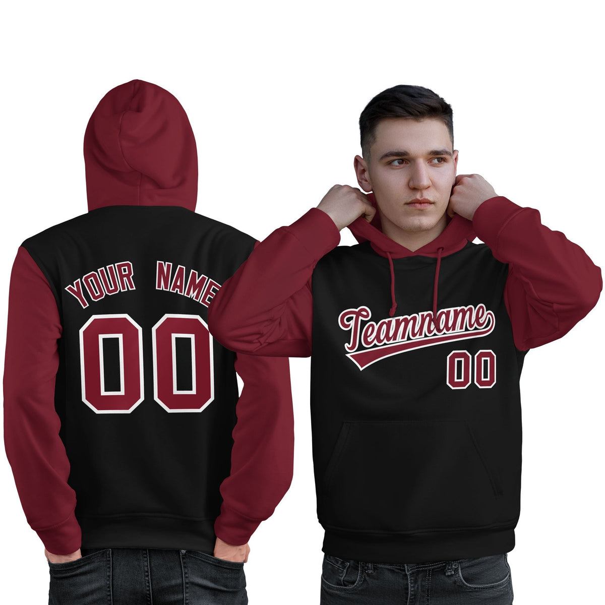 Custom Black Crimson-White Raglan Sleeves Pullover Personalized Sweatshirt Hoodie| KXKSHOP