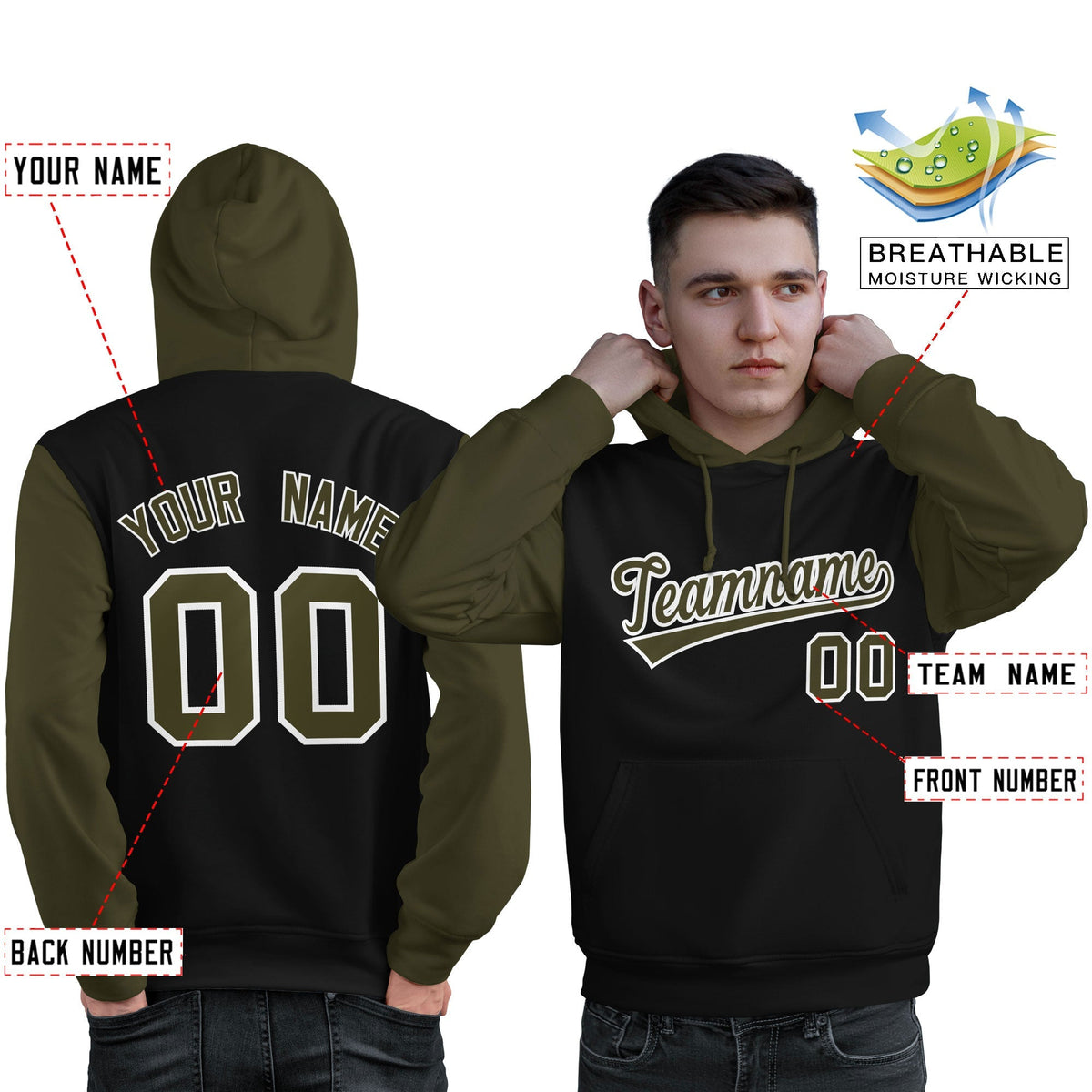 Custom Black Olive-White Raglan Sleeves Pullover Personalized Sweatshirt Hoodie| KXKSHOP
