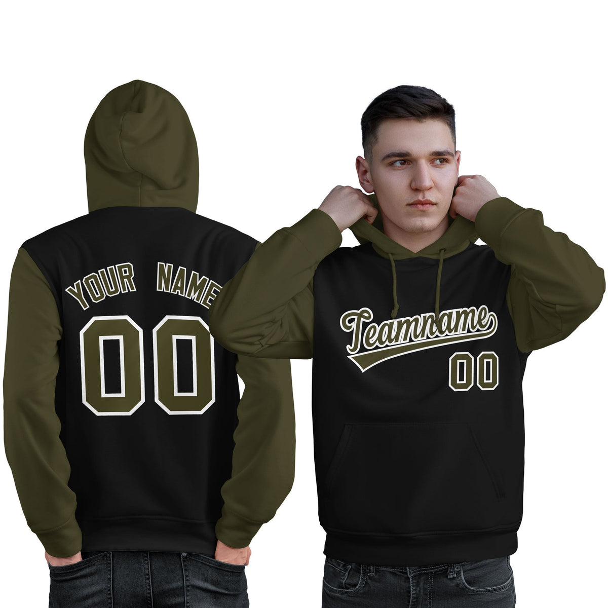 Custom Black Olive-White Raglan Sleeves Pullover Personalized Sweatshirt Hoodie| KXKSHOP