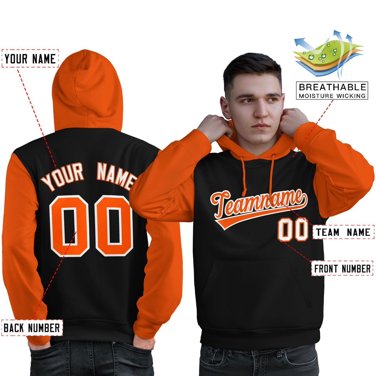 Custom Black Orange-White Raglan Sleeves Pullover Personalized Sweatshirt Hoodie| KXKSHOP