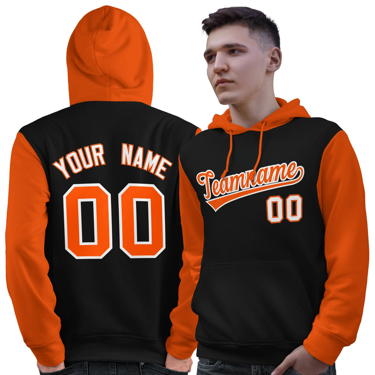 Custom Black Orange-White Raglan Sleeves Pullover Personalized Sweatshirt Hoodie| KXKSHOP