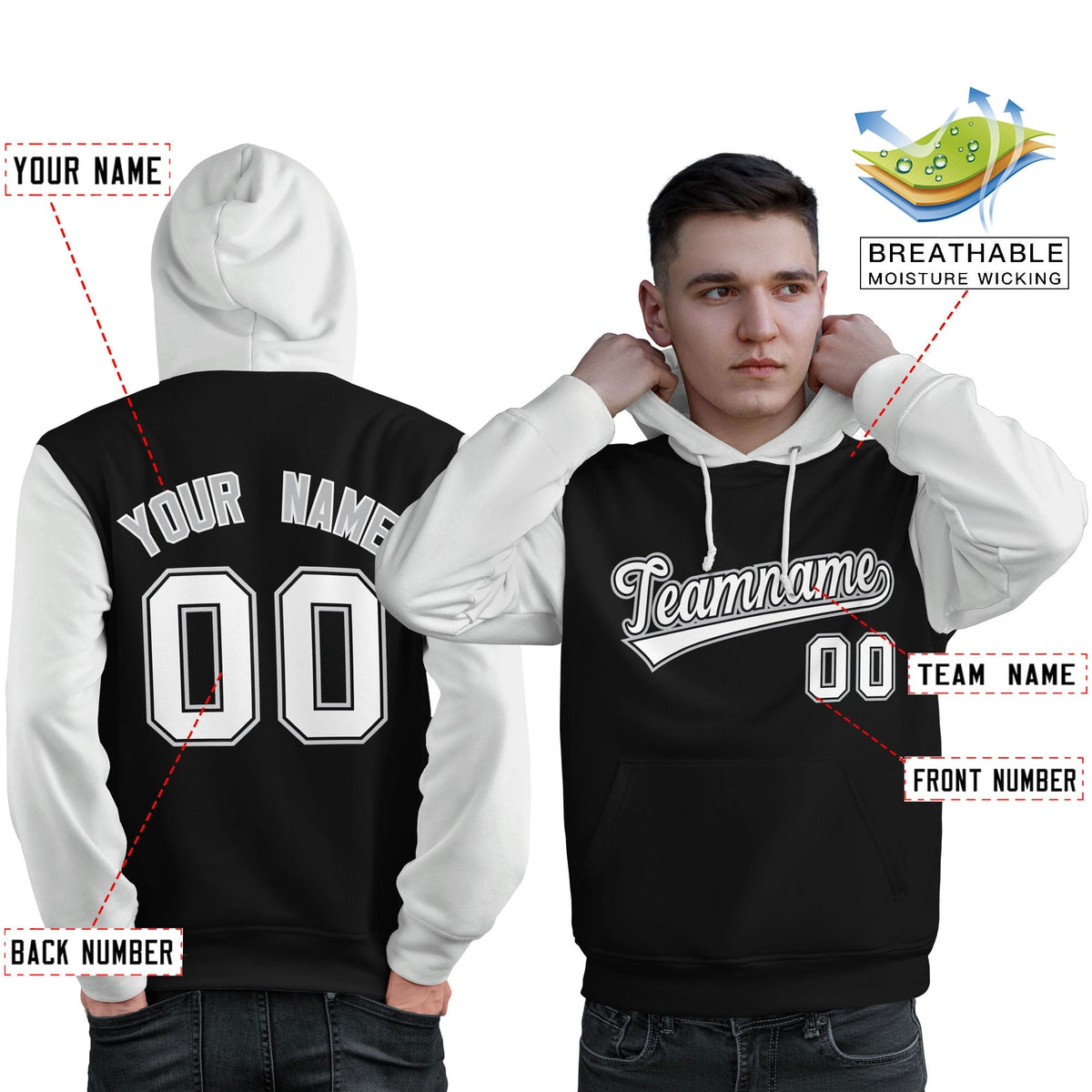 Custom Black White-Gray Raglan Sleeves Pullover Personalized Sweatshirt Hoodie| KXKSHOP