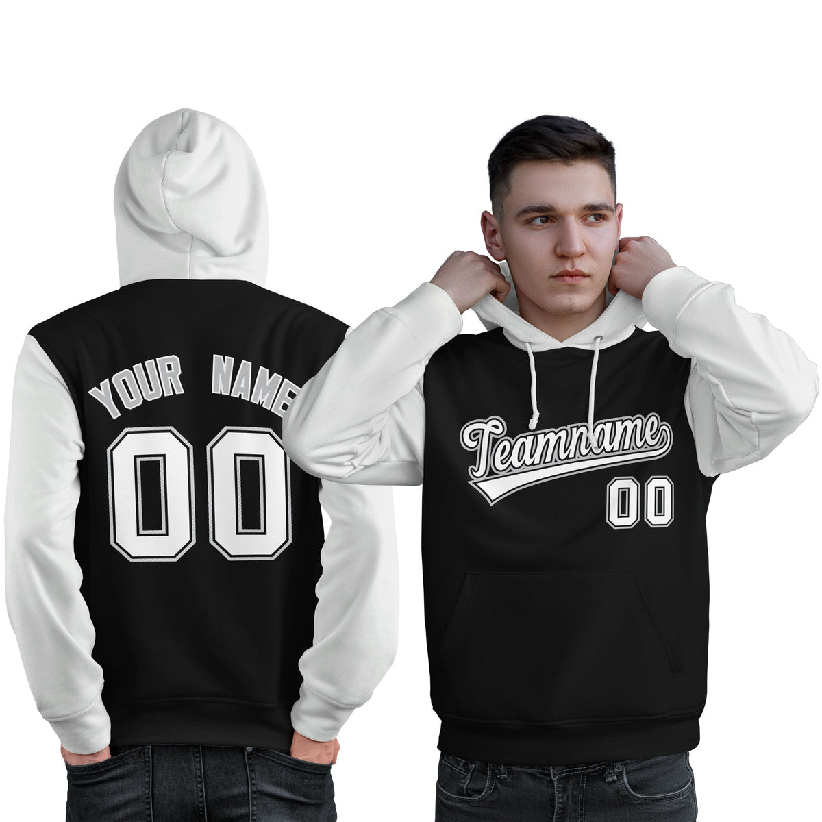 Custom Black White-Gray Raglan Sleeves Pullover Personalized Sweatshirt Hoodie| KXKSHOP