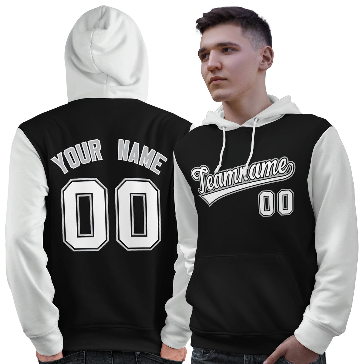 Custom Black White-Gray Raglan Sleeves Pullover Personalized Sweatshirt Hoodie| KXKSHOP