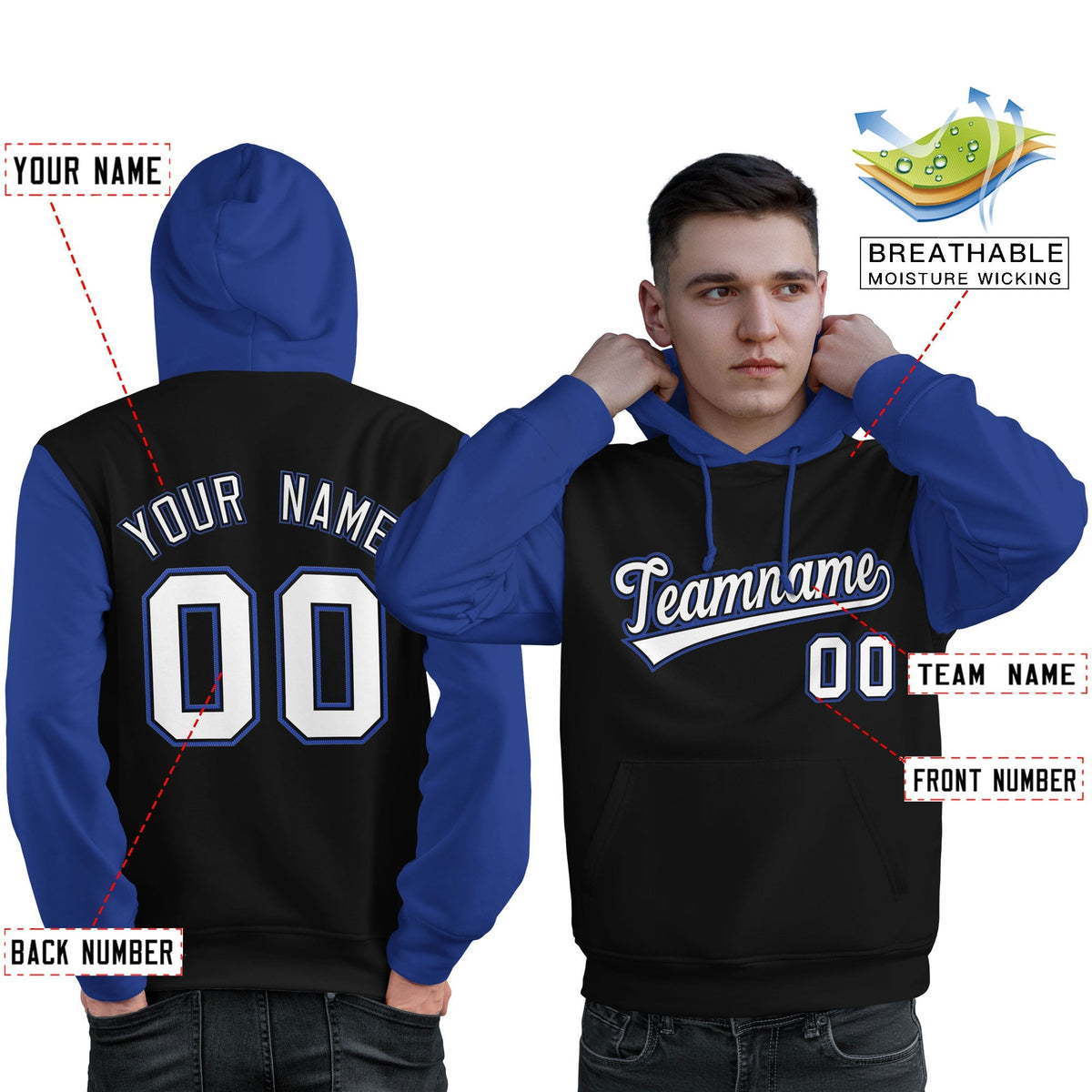 Custom Black White-Royal Raglan Sleeves Pullover Personalized Sweatshirt Hoodie| KXKSHOP