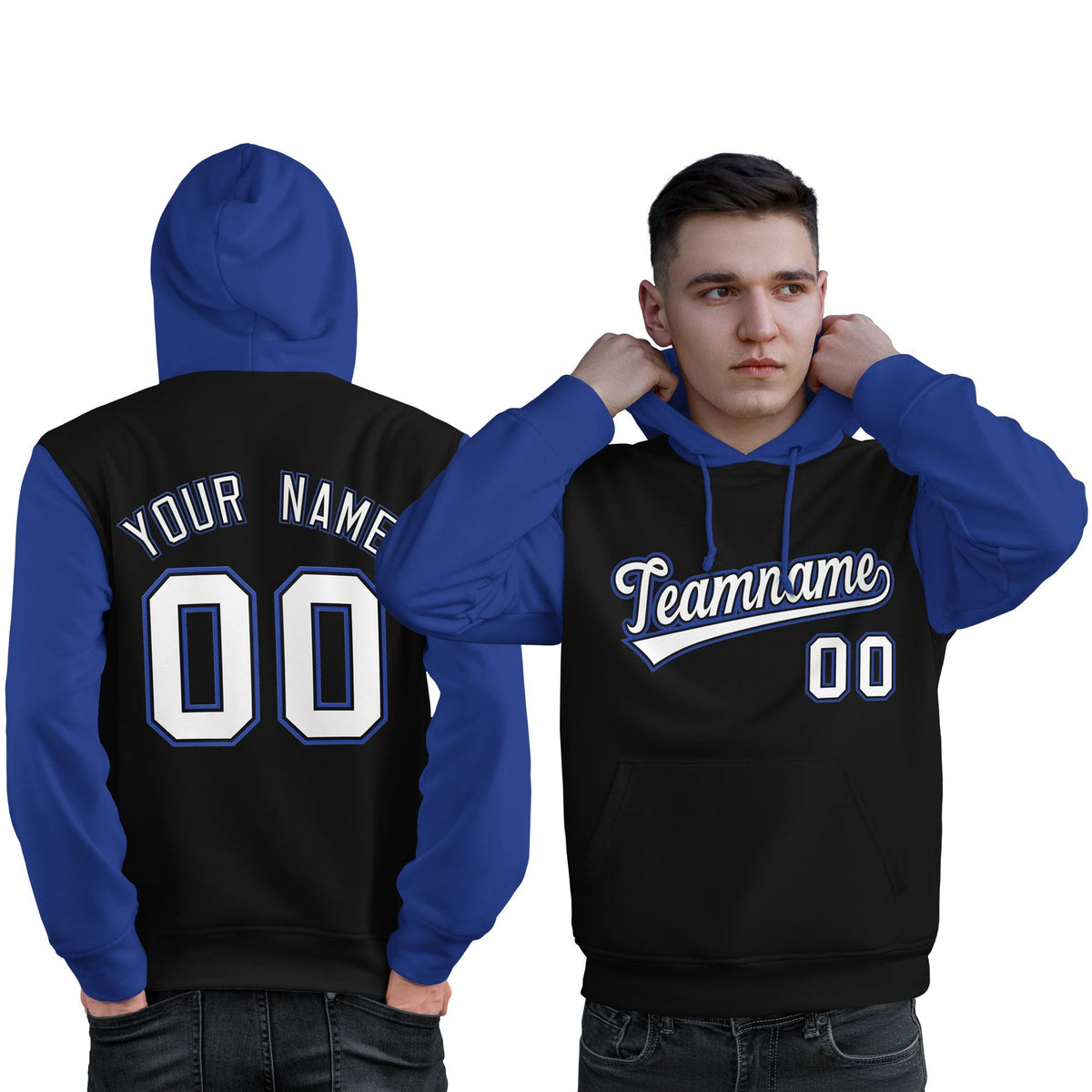 Custom Black White-Royal Raglan Sleeves Pullover Personalized Sweatshirt Hoodie| KXKSHOP