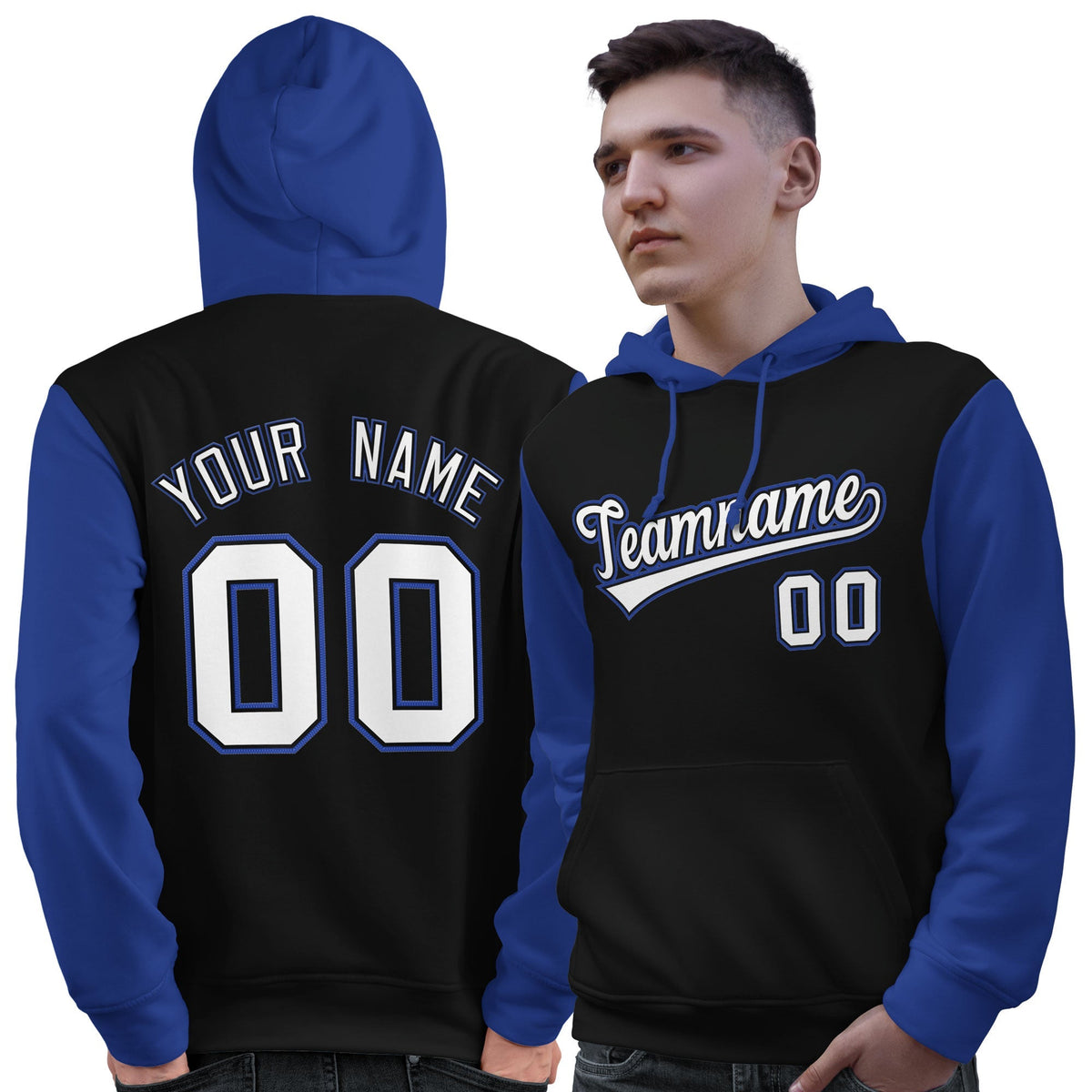 Custom Black White-Royal Raglan Sleeves Pullover Personalized Sweatshirt Hoodie| KXKSHOP