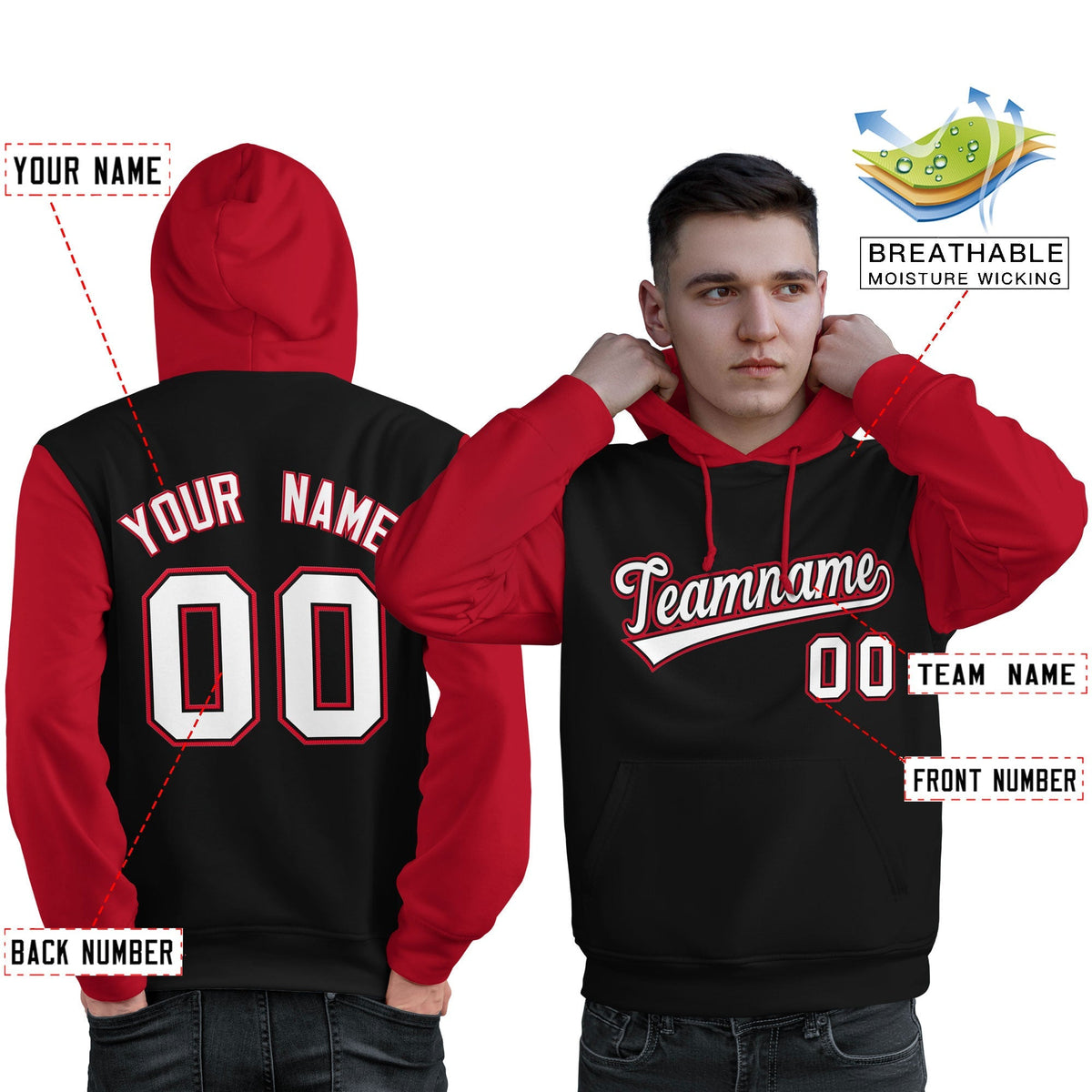 Custom Black White-Red Raglan Sleeves Pullover Personalized Sweatshirt Hoodie| KXKSHOP