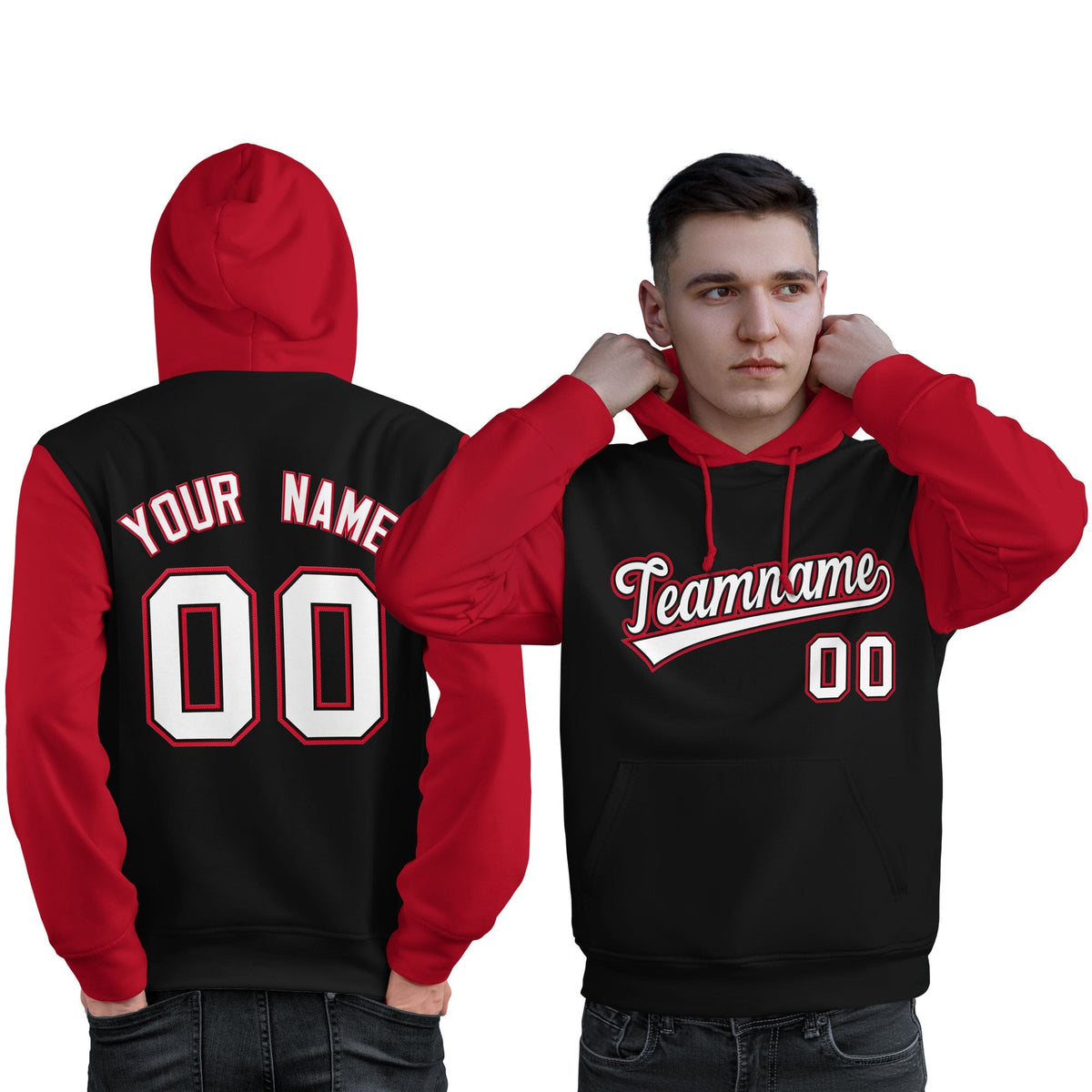 Custom Black White-Red Raglan Sleeves Pullover Personalized Sweatshirt Hoodie| KXKSHOP