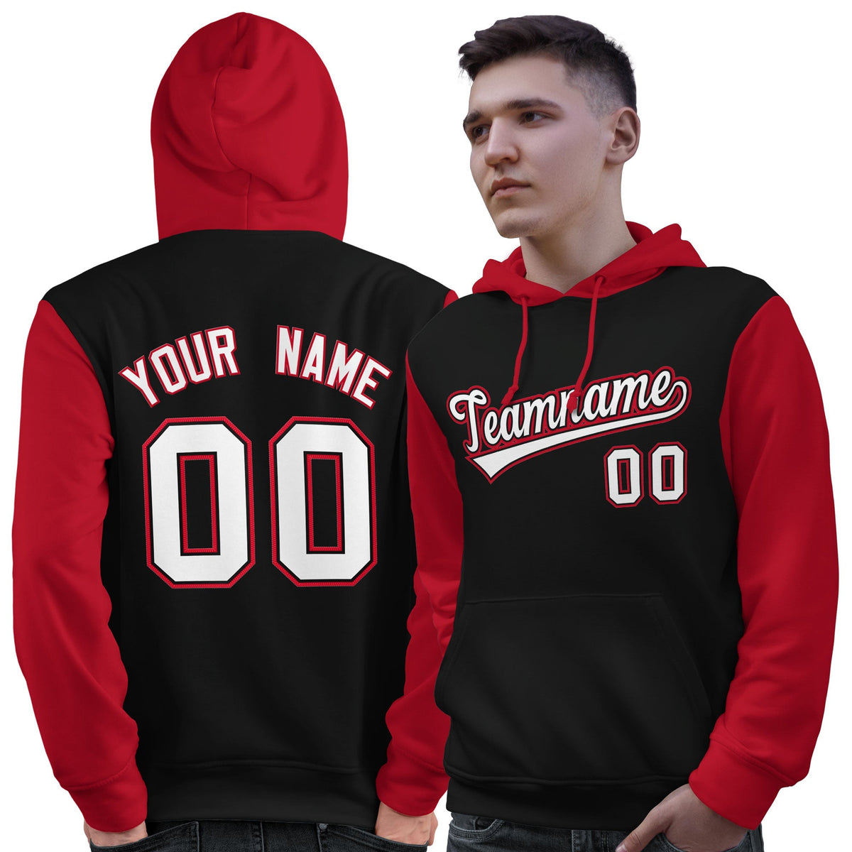 Custom Black White-Red Raglan Sleeves Pullover Personalized Sweatshirt Hoodie| KXKSHOP