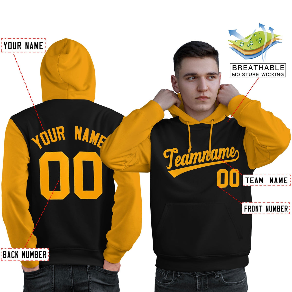 Custom Black Gold Raglan Sleeves Pullover Personalized Sweatshirt Hoodie| KXKSHOP