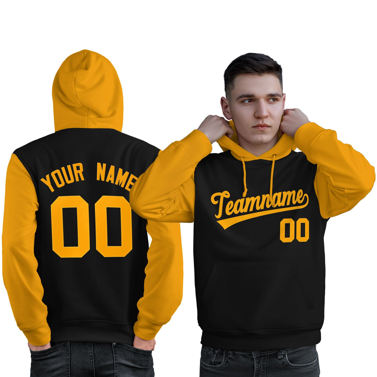 Custom Black Gold Raglan Sleeves Pullover Personalized Sweatshirt Hoodie| KXKSHOP