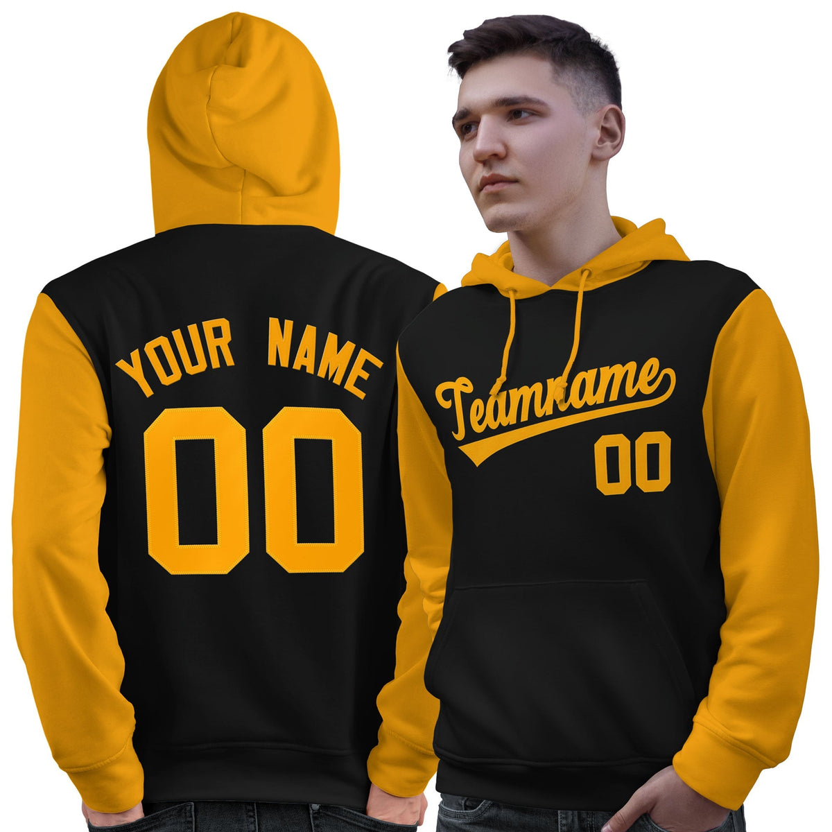 Custom Black Gold Raglan Sleeves Pullover Personalized Sweatshirt Hoodie| KXKSHOP