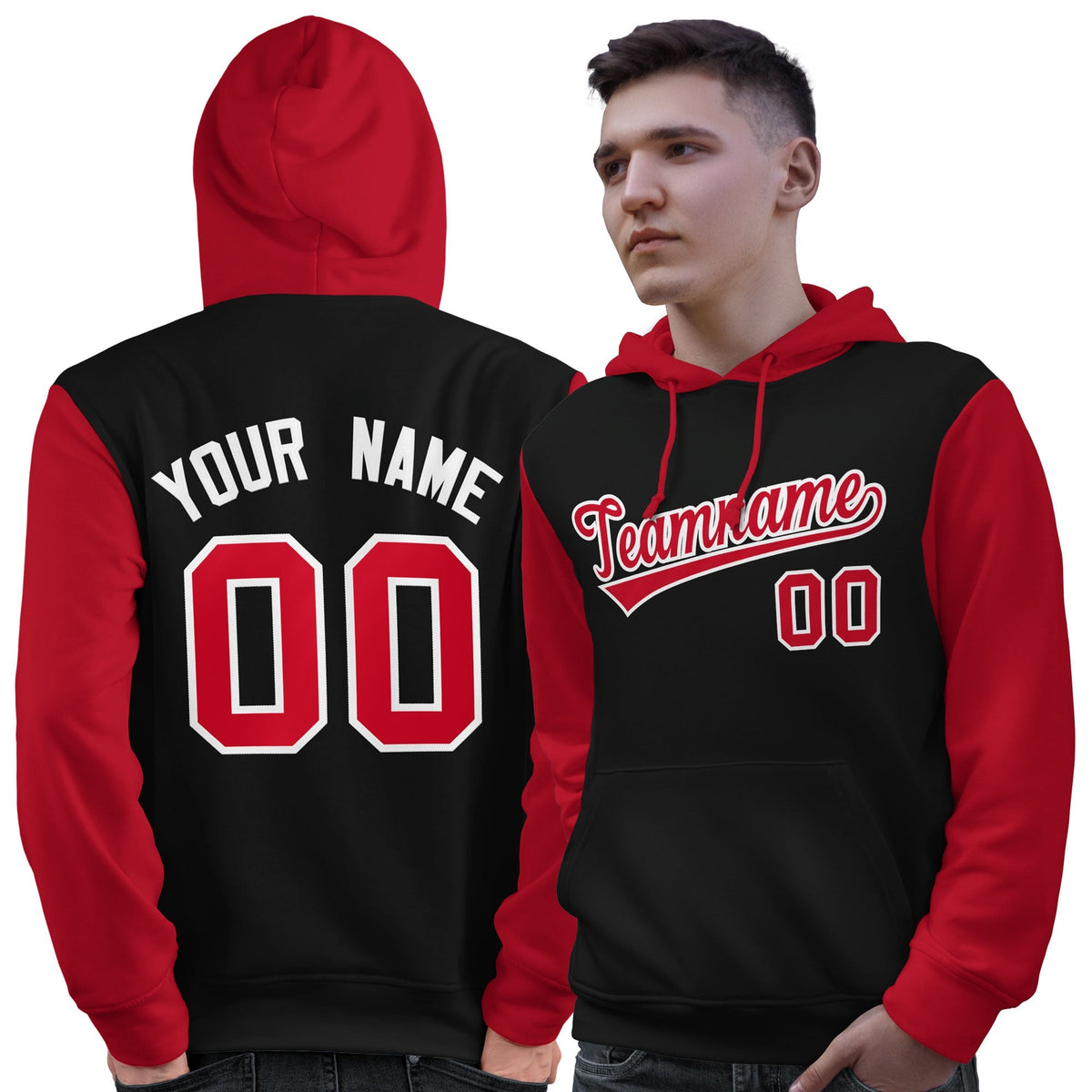 Custom Black Red-White Raglan Sleeves Pullover Personalized Sweatshirt Hoodie| KXKSHOP