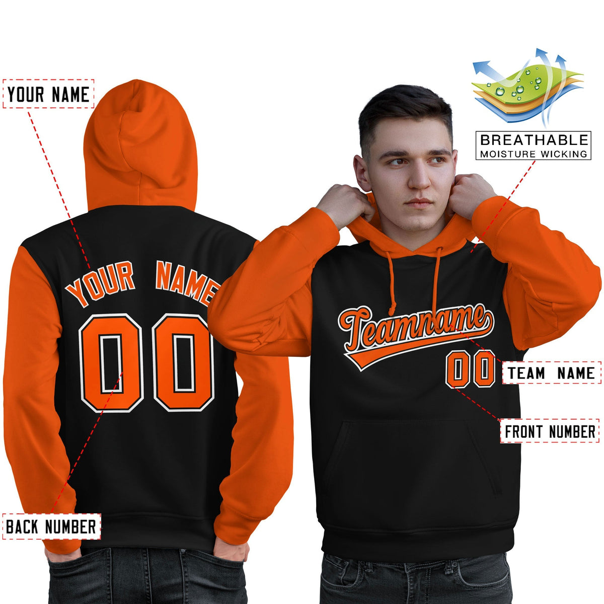 Custom Black Orange-White Raglan Sleeves Pullover Personalized Sweatshirt Hoodie| KXKSHOP