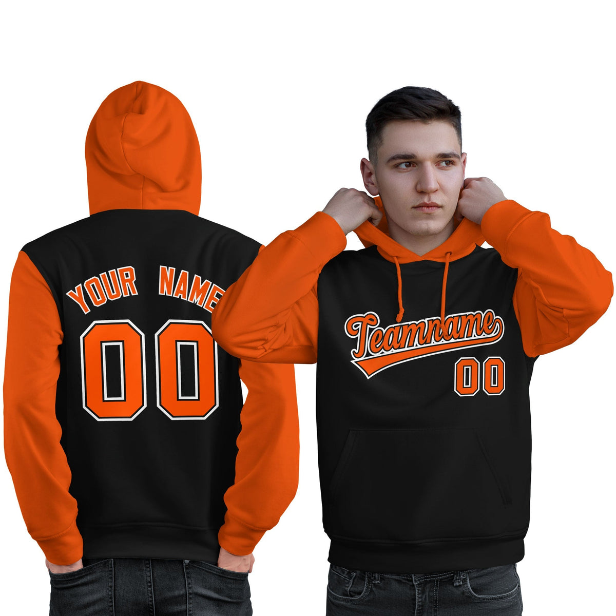 Custom Black Orange-White Raglan Sleeves Pullover Personalized Sweatshirt Hoodie| KXKSHOP