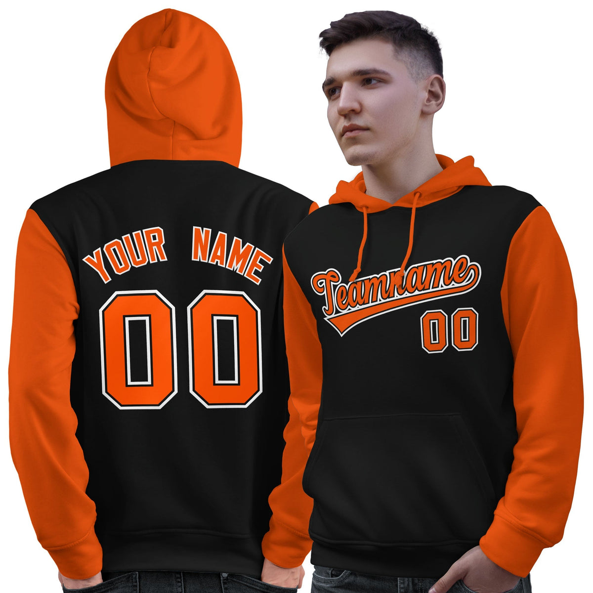 Custom Black Orange-White Raglan Sleeves Pullover Personalized Sweatshirt Hoodie| KXKSHOP