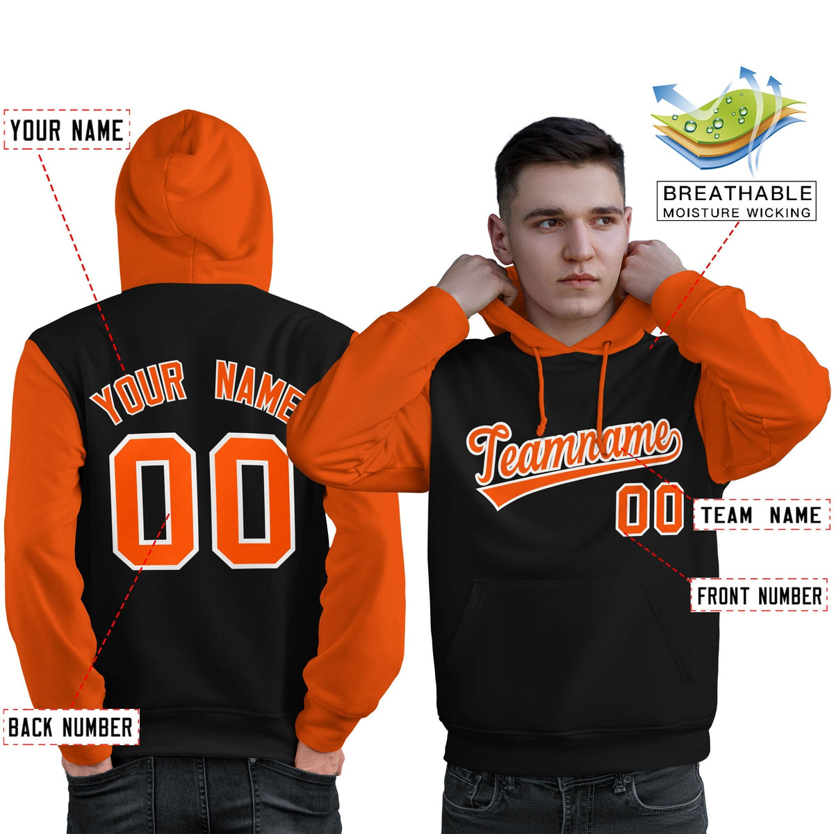 Custom Black Orange-White Raglan Sleeves Pullover Personalized Sweatshirt Hoodie| KXKSHOP