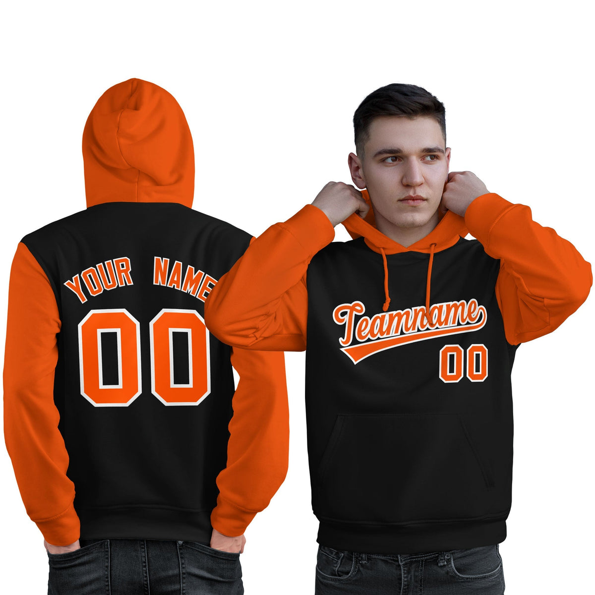 Custom Black Orange-White Raglan Sleeves Pullover Personalized Sweatshirt Hoodie| KXKSHOP