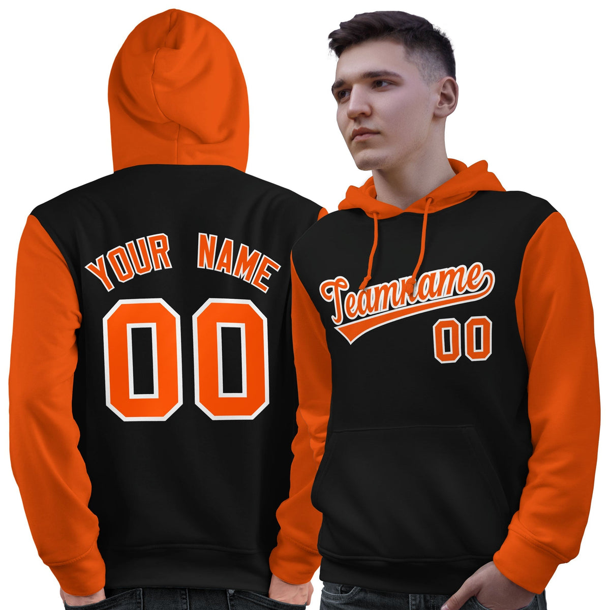 Custom Black Orange-White Raglan Sleeves Pullover Personalized Sweatshirt Hoodie| KXKSHOP