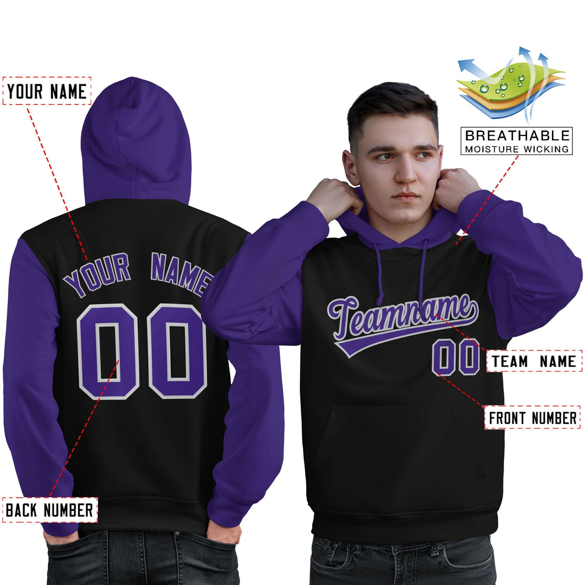 Custom Black Purple-Gray Raglan Sleeves Pullover Personalized Sweatshirt Hoodie| KXKSHOP