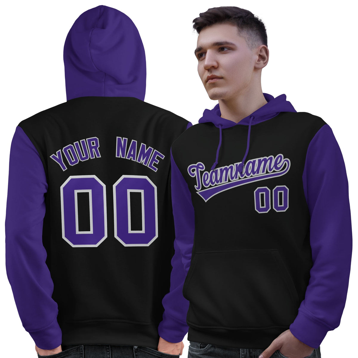 Custom Black Purple-Gray Raglan Sleeves Pullover Personalized Sweatshirt Hoodie| KXKSHOP