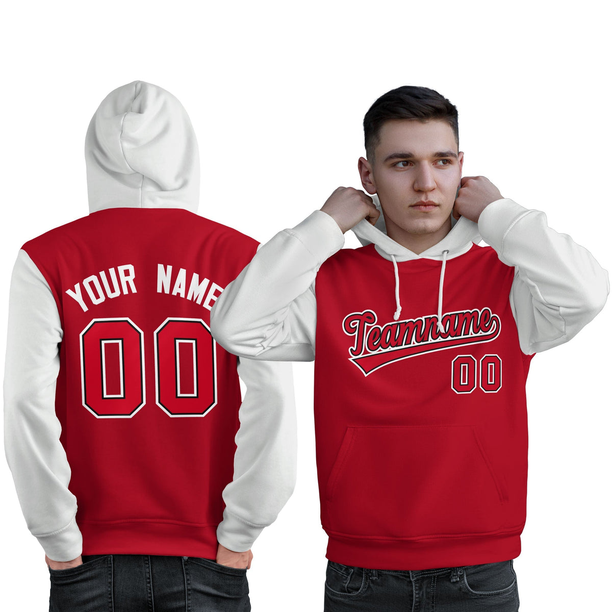 Custom Red Black-White Raglan Sleeves Pullover Personalized Sweatshirt Hoodie| KXKSHOP