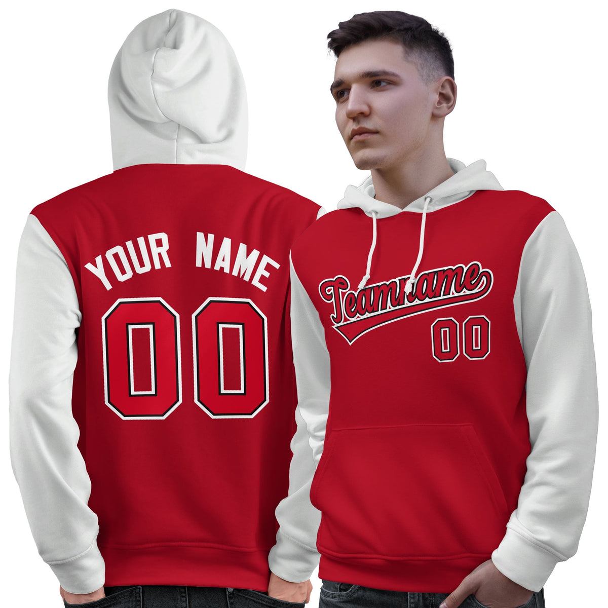 Custom Red Black-White Raglan Sleeves Pullover Personalized Sweatshirt Hoodie| KXKSHOP