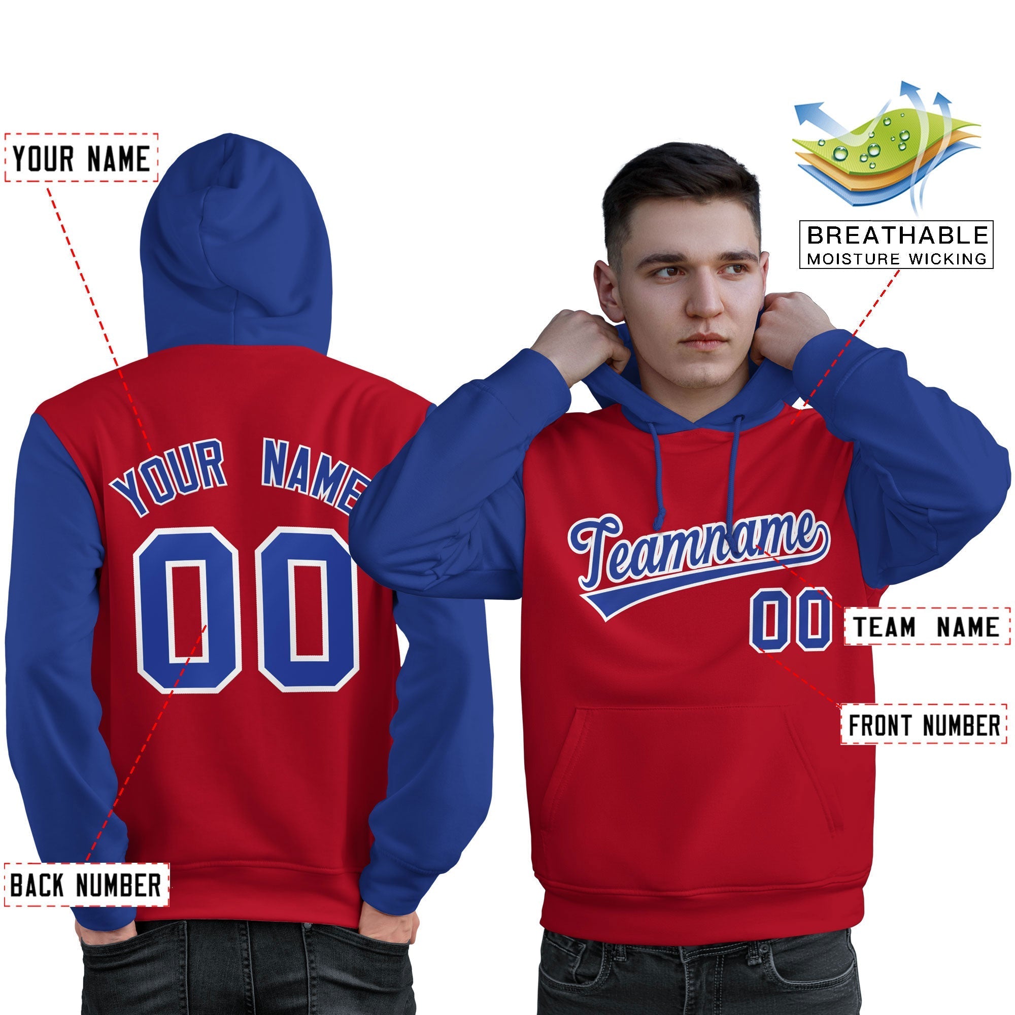 Custom Red Royal-White Raglan Sleeves Pullover Personalized Sweatshirt Hoodie| KXKSHOP