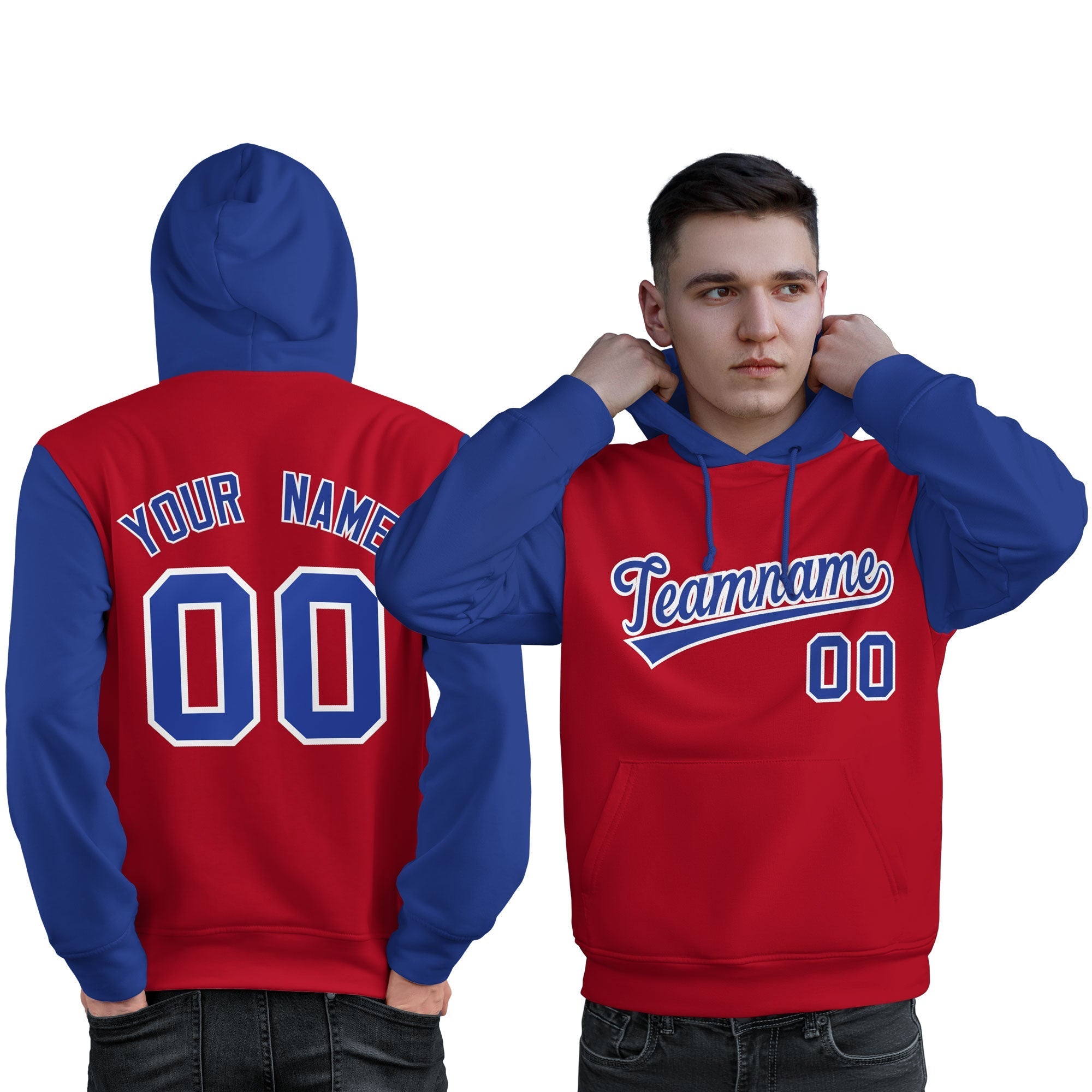 Custom Red Royal-White Raglan Sleeves Pullover Personalized Sweatshirt Hoodie| KXKSHOP